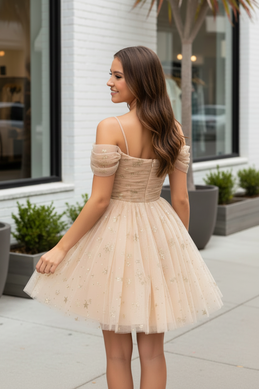 Off-the-Shoulder Starry Tulle Mini Homecoming Dress