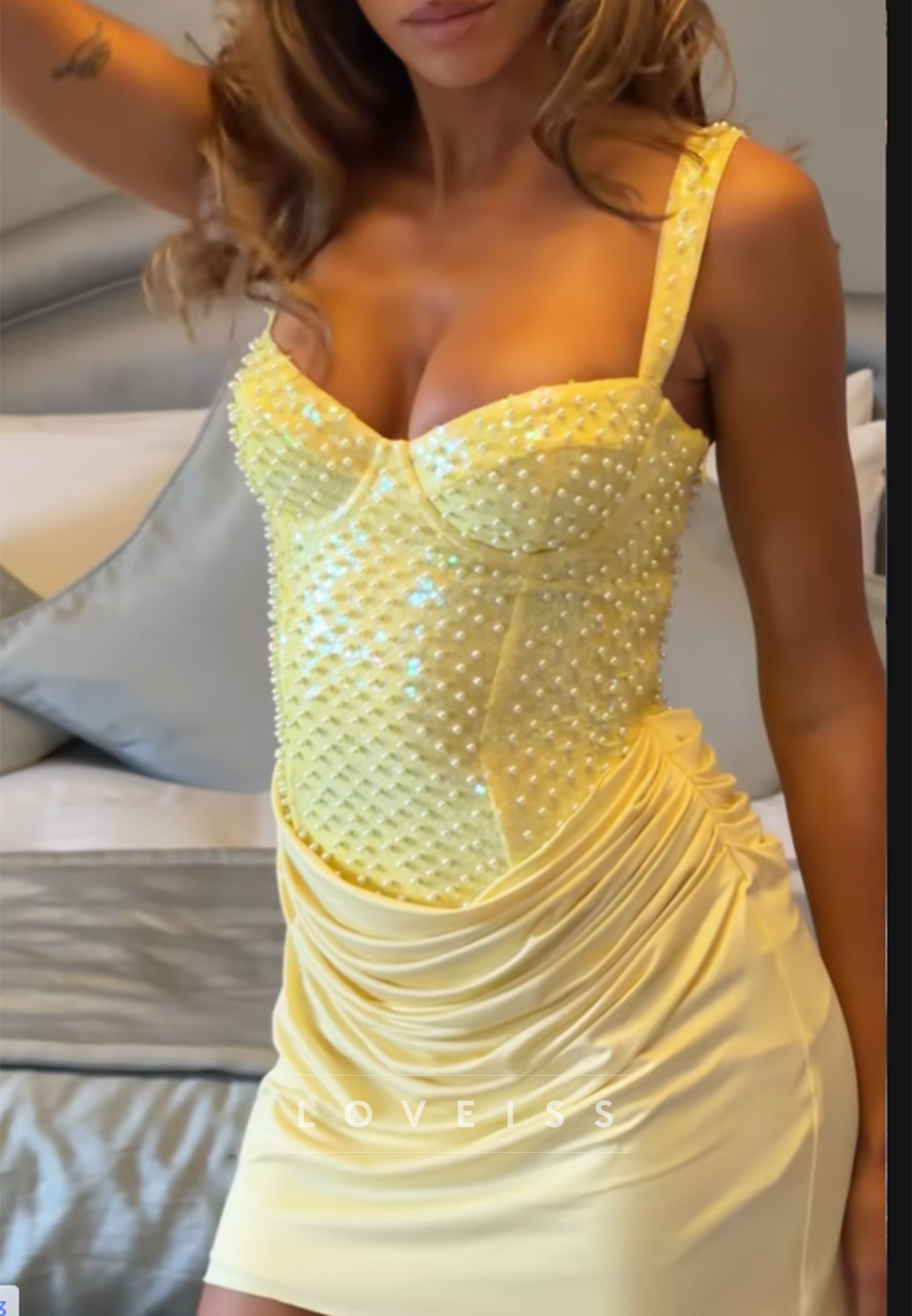 Pearl Embellished Corset Mini Dress with Side Draping