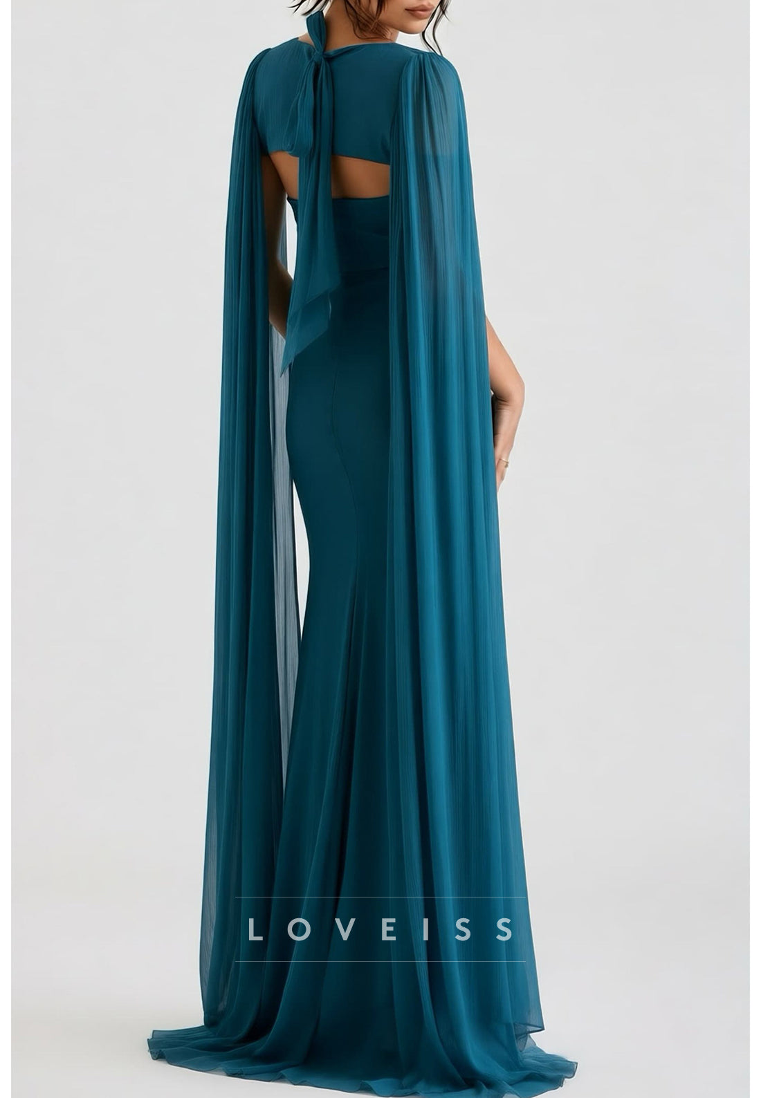 Cape Sleeve Ruched Chiffon Evening Gown with High Slit