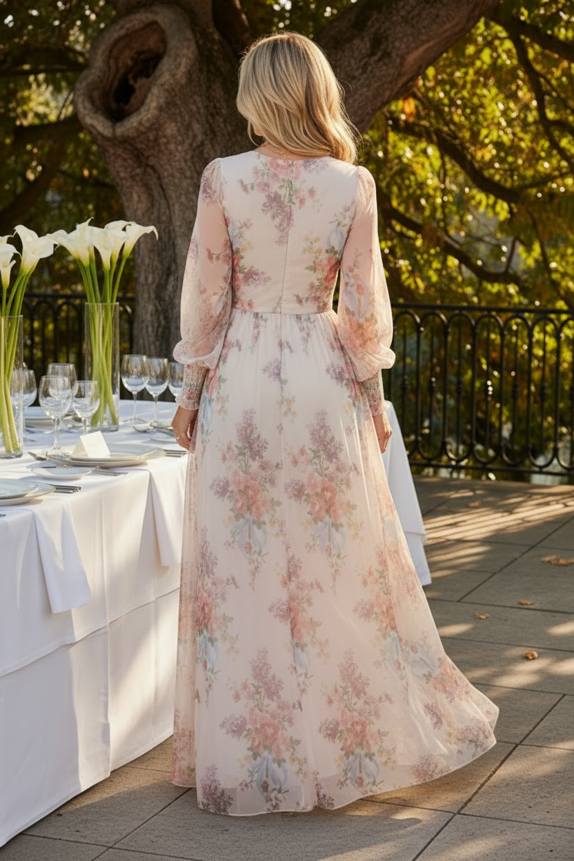 Floral Print Long Sleeve Empire Waist Maxi Dress