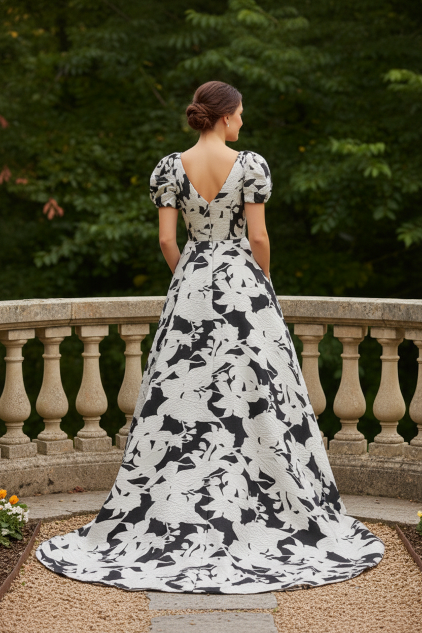 Floral Jacquard V-Neck Gown with Puff Sleeves