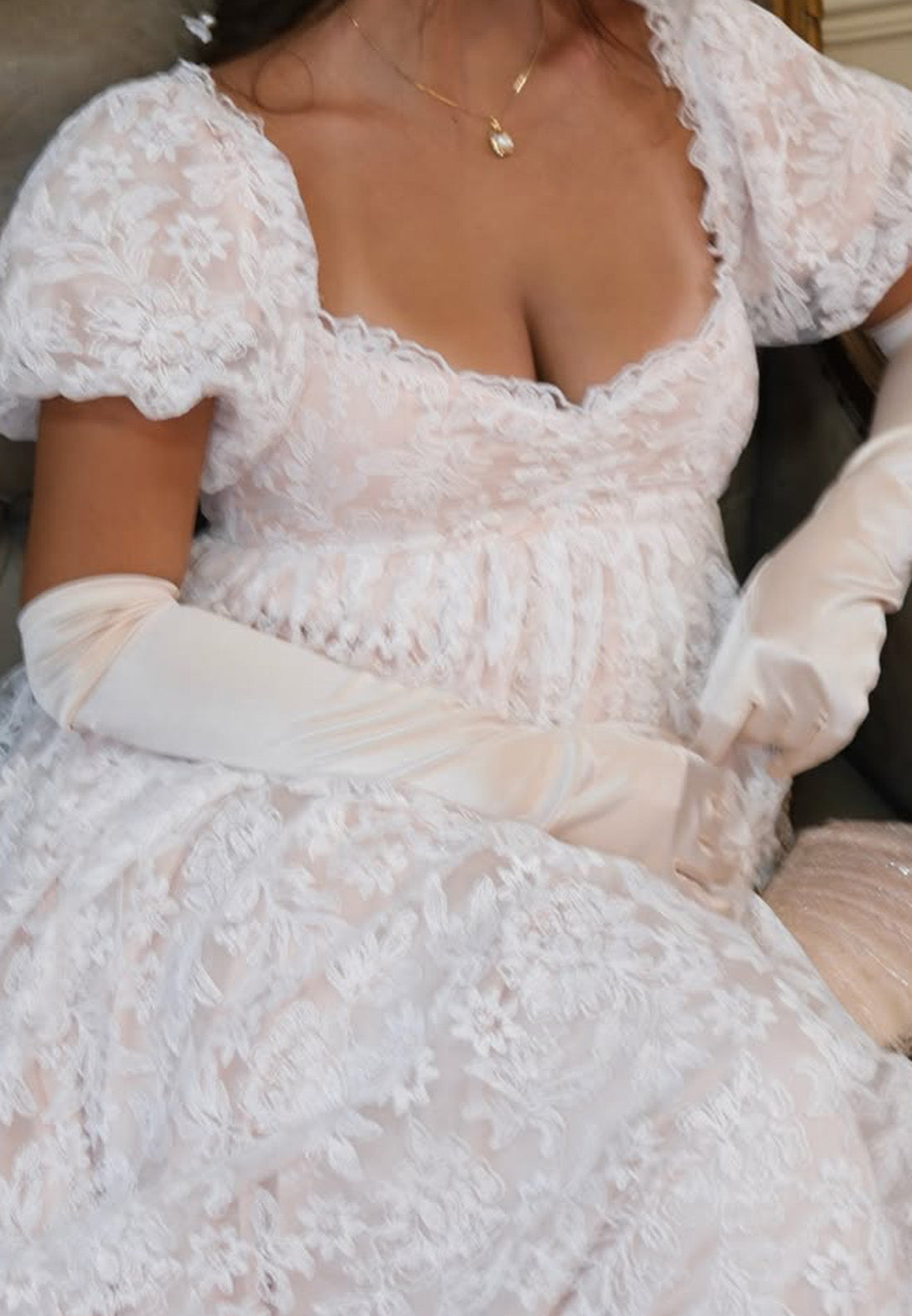 Floral Lace Empire Maxi Dress with Puff Sleeves