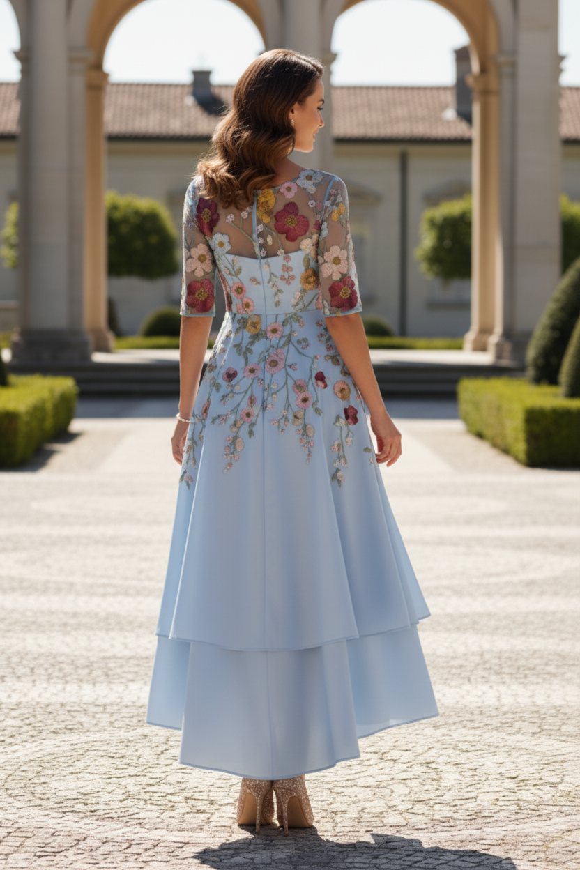 Floral Embroidered High-Low Tiered Dress