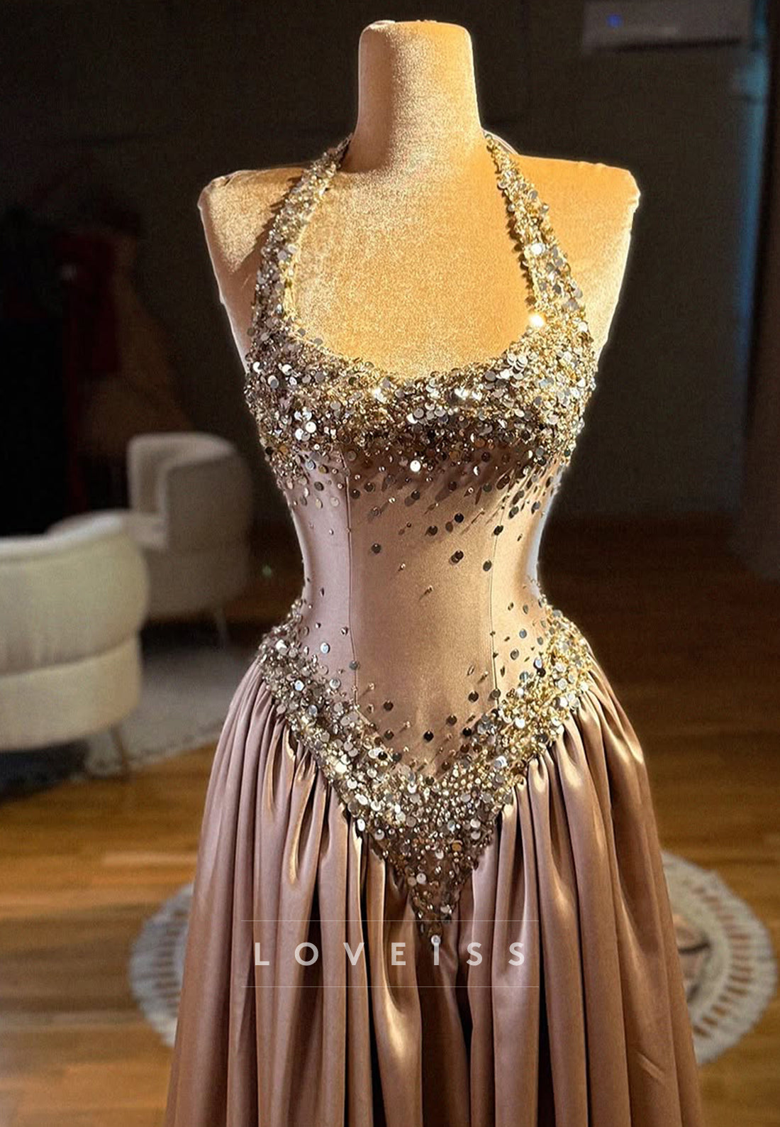 Embellished Halter Satin A-Line Evening Gown