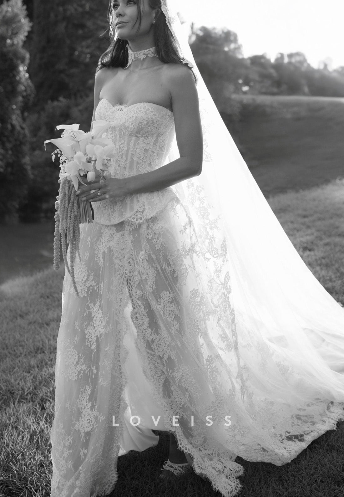 Lace Strapless Corset Wedding Dress with Slit