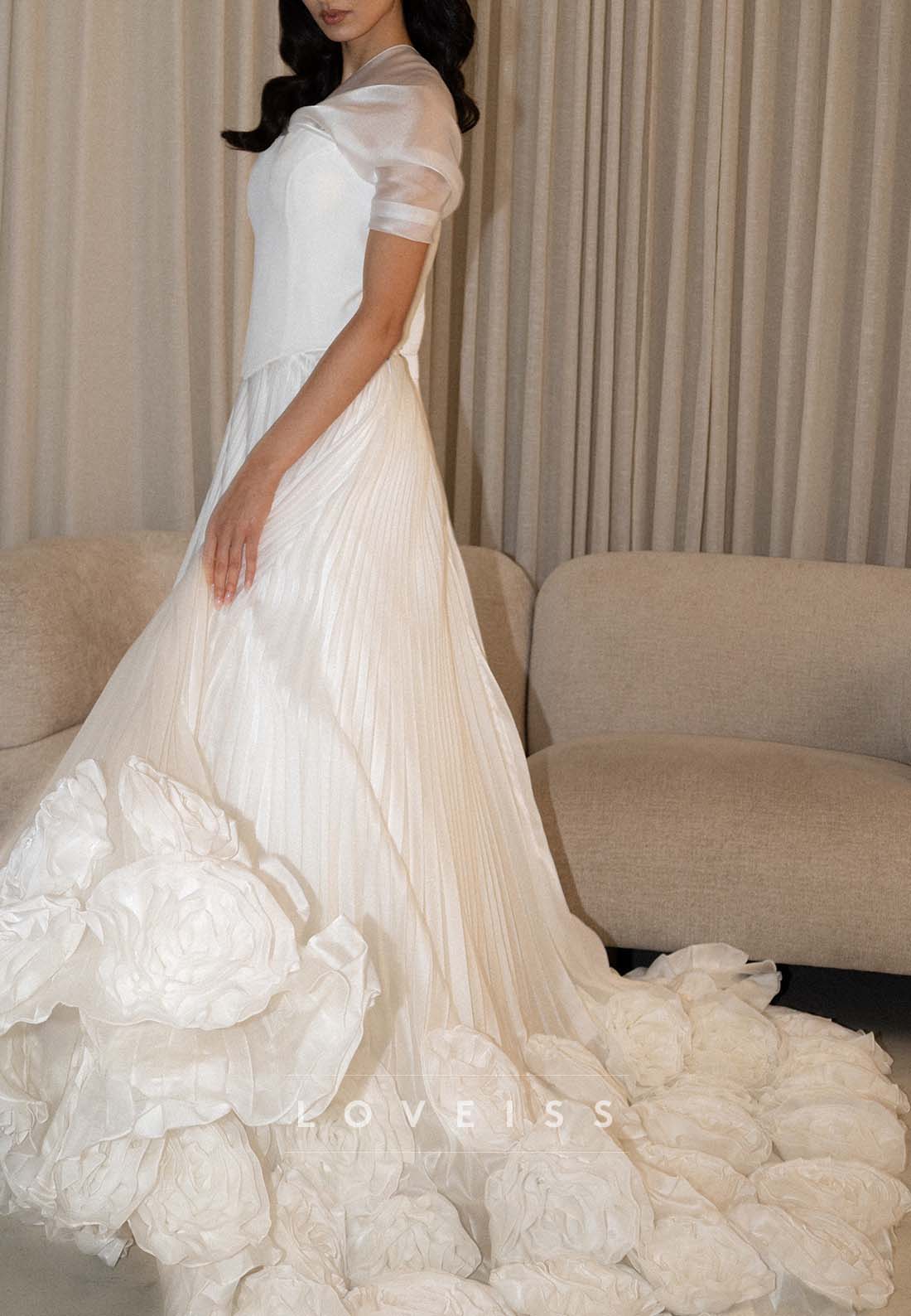 Pleated A-Line Gown with Rosette Train