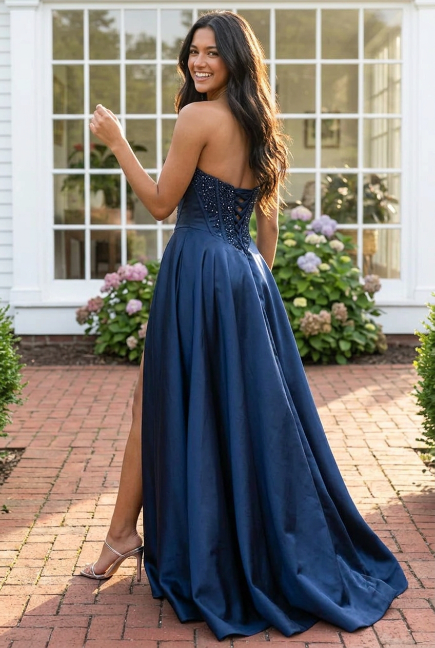 Sequin Corset Strapless Satin Ball Gown with Slit
