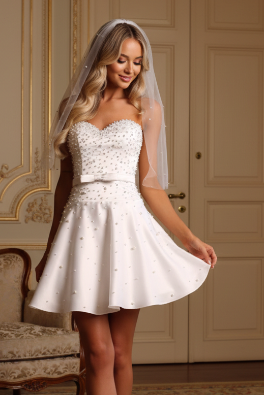 Strapless Pearl Beaded Satin Mini Dress