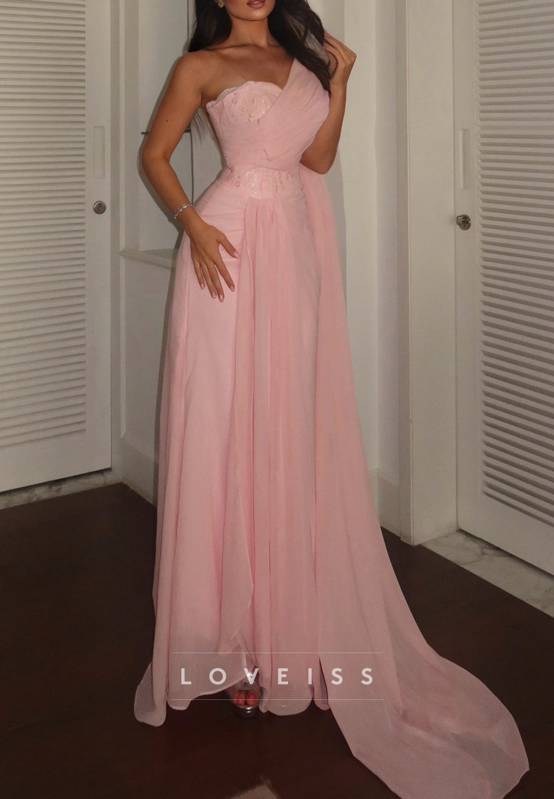 One-Shoulder Pleated Gown with Draped Cape