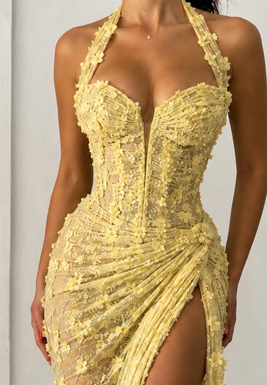 3D Floral Corset Halter Evening Gown with Slit