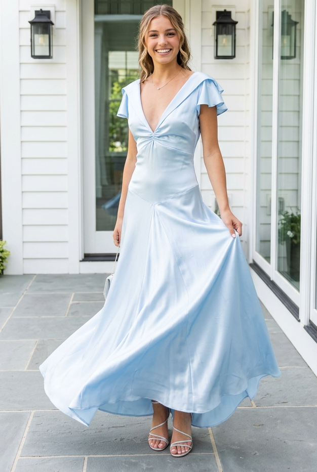 Deep V-Neck Backless Satin Gown with Flutter Sleeves