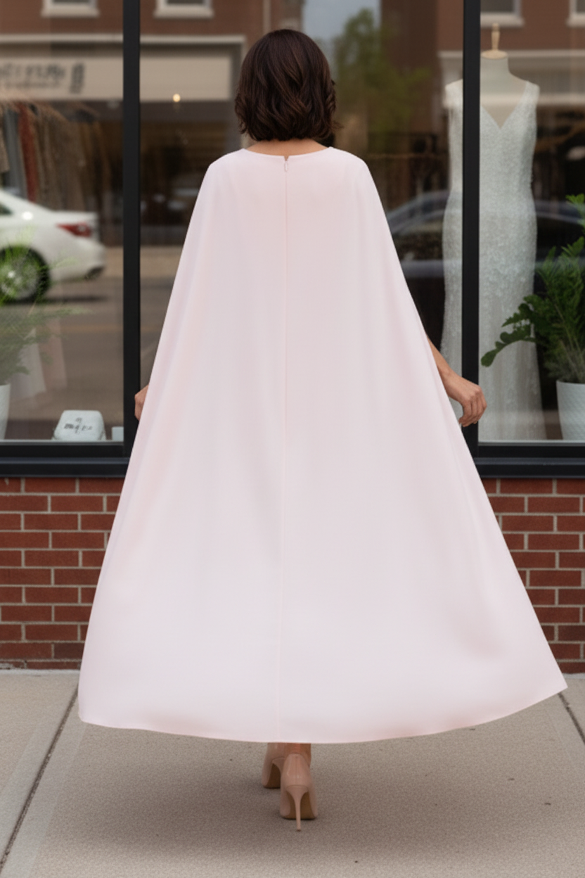 Elegant Cape Sleeve Midi Dress with Floral Embroidery