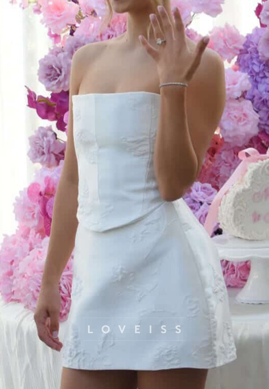 Strapless Jacquard Mini Dress with Train