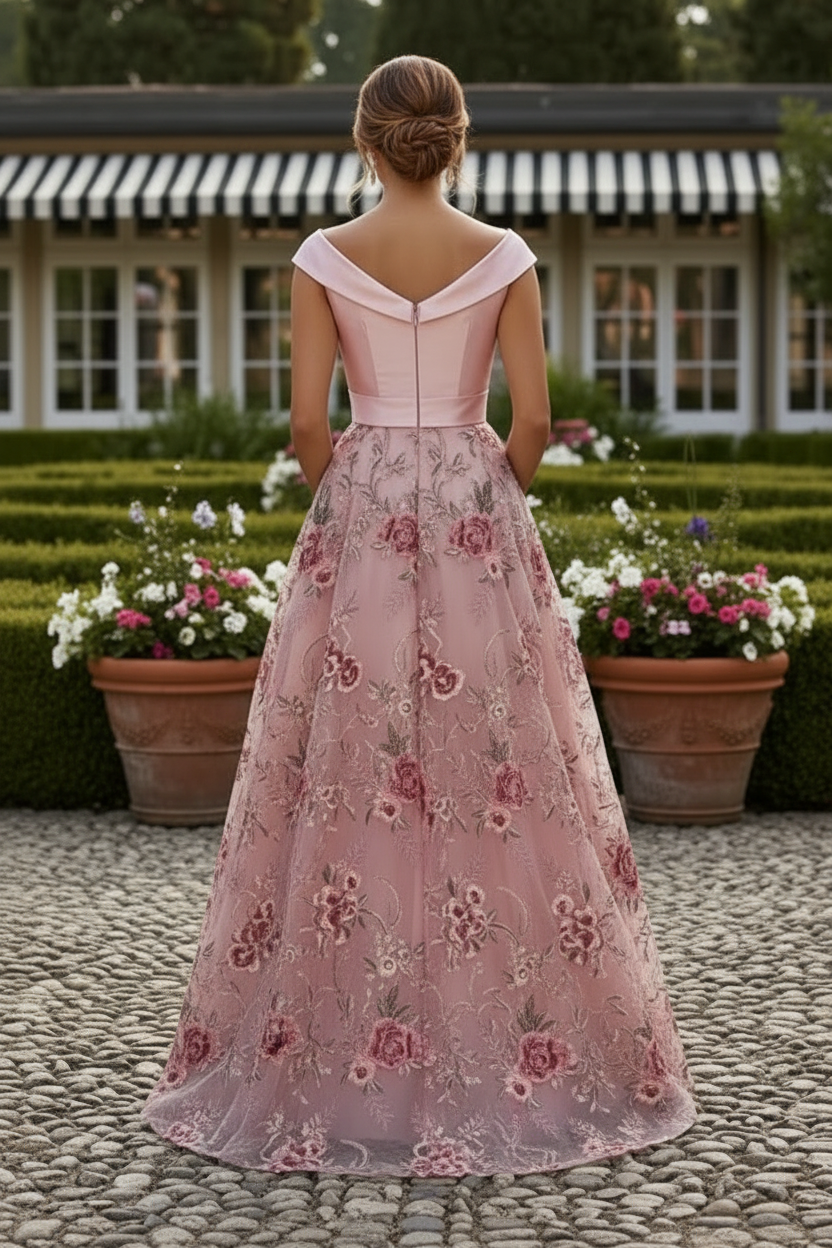 Off Shoulder Floral A-Line Evening Gown with Pockets