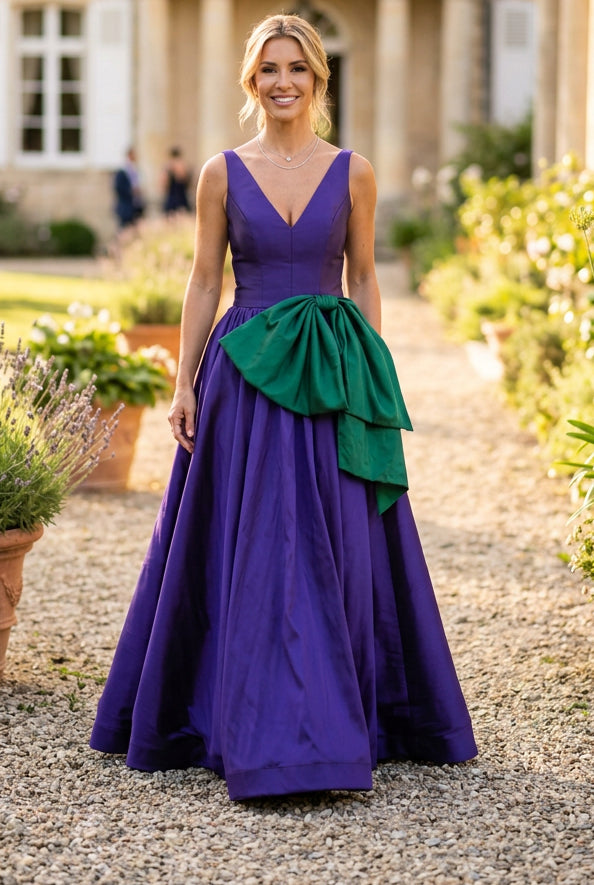 A-Line Evening Gown with Bow Accent and Pockets
