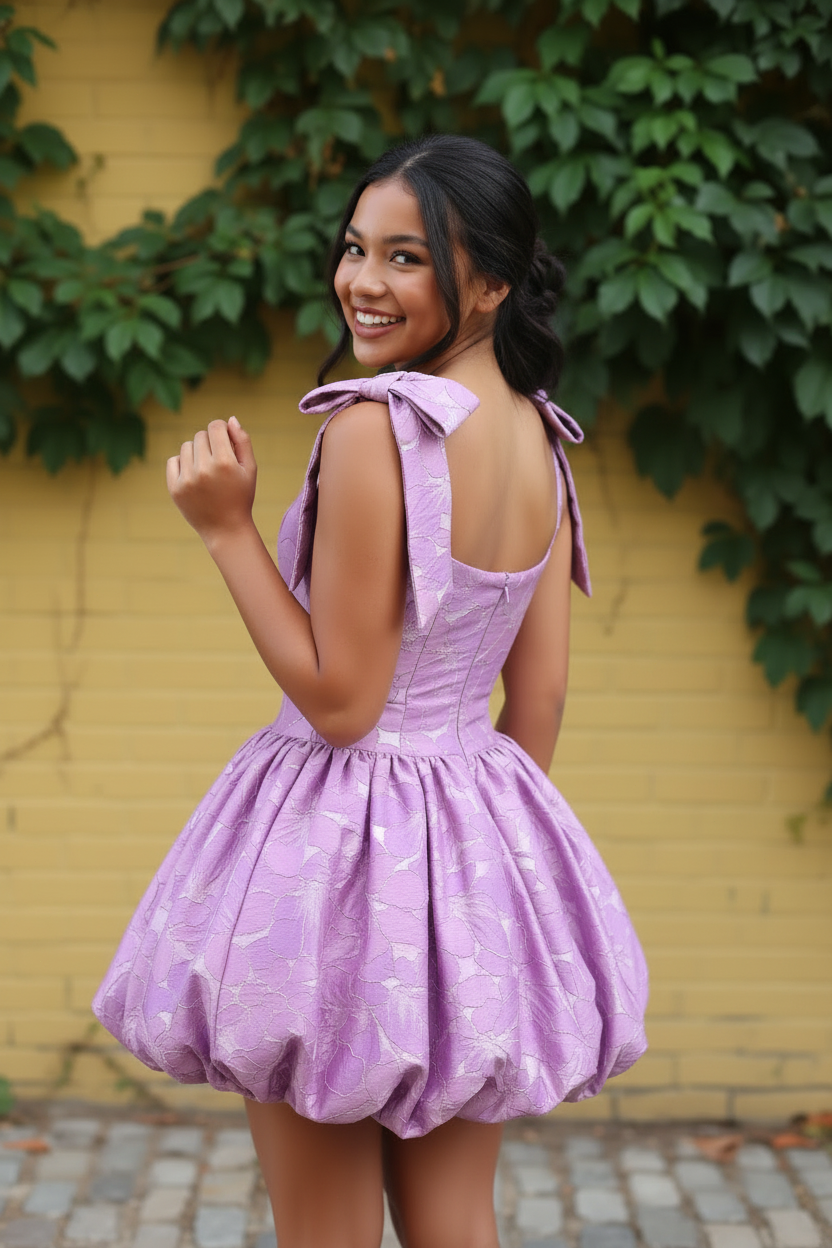 Floral Jacquard Bubble Skirt Mini Dress with Bows