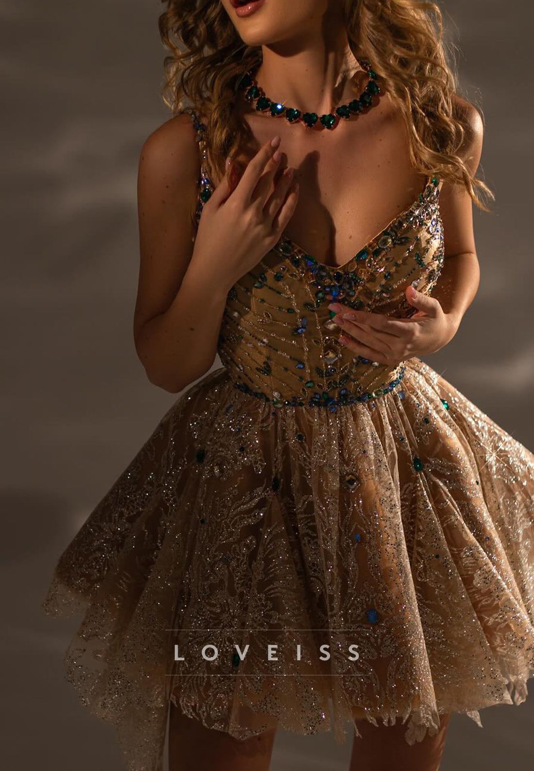 Crystal Embellished Corset Mini Dress with Full Skirt