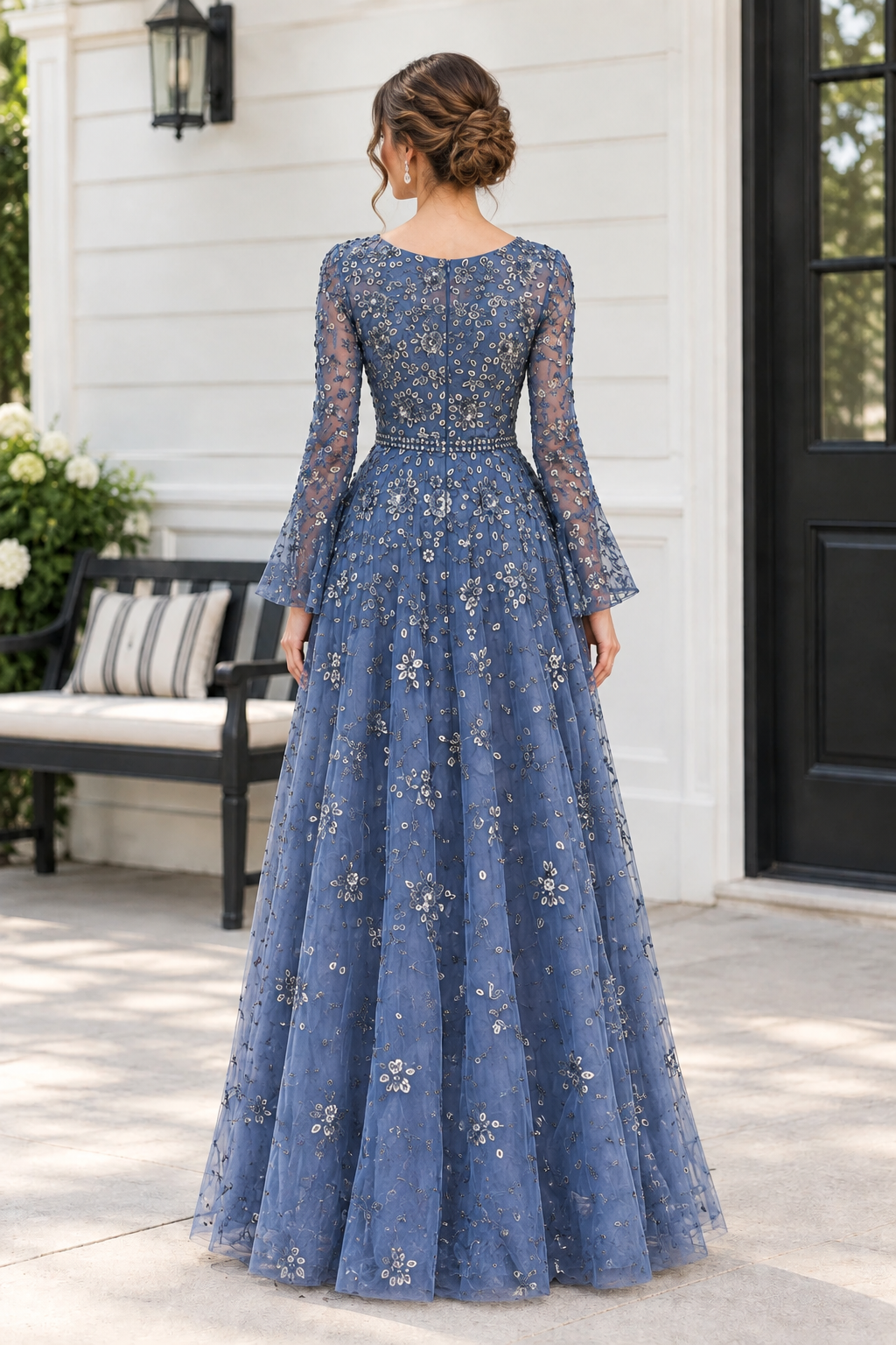 Beaded Floral Sequin Long Sleeve A-Line Gown