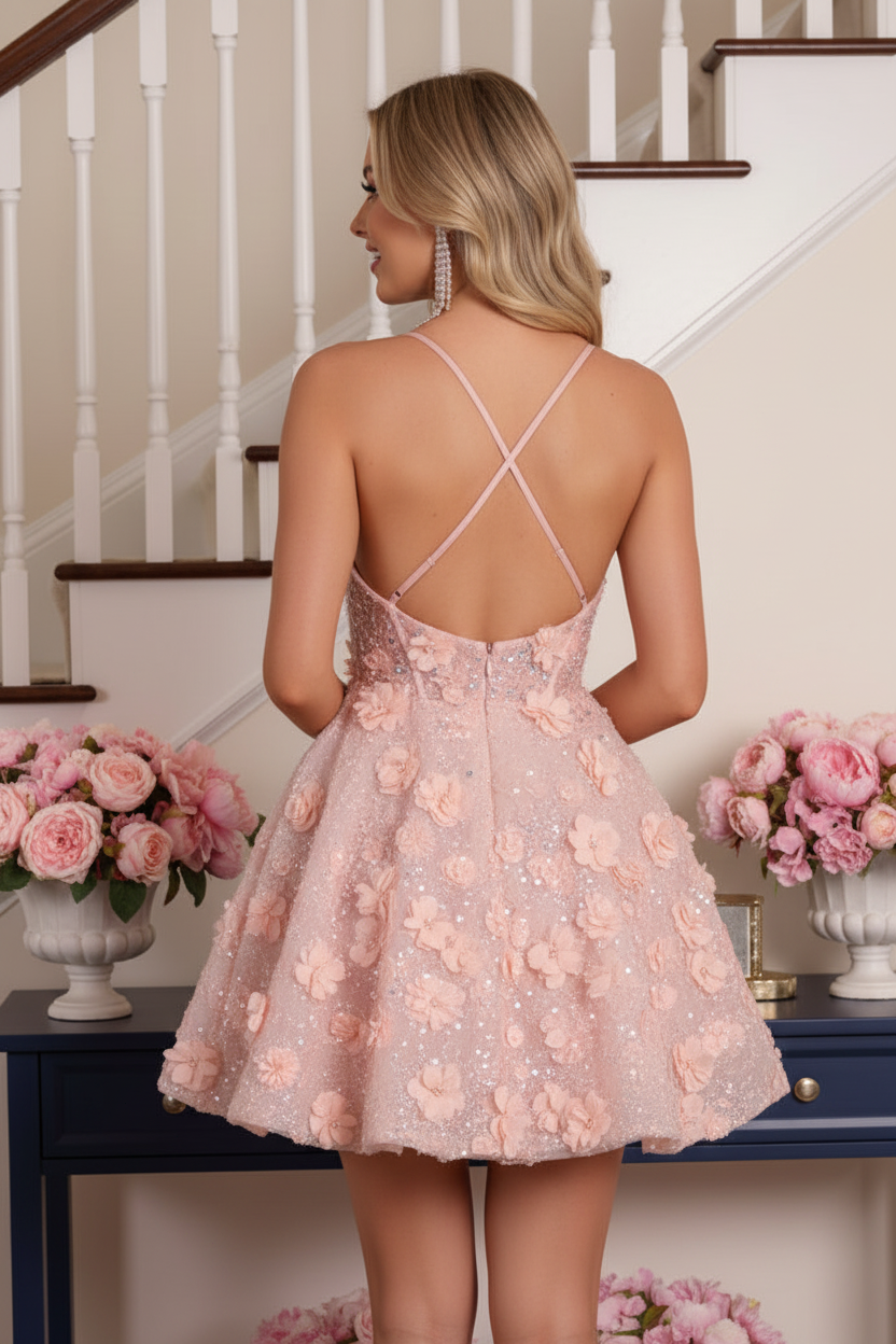 3D Floral Applique Corset Short Prom Dress