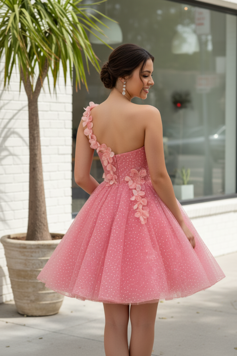 One-Shoulder 3D Floral Short Tulle Dress