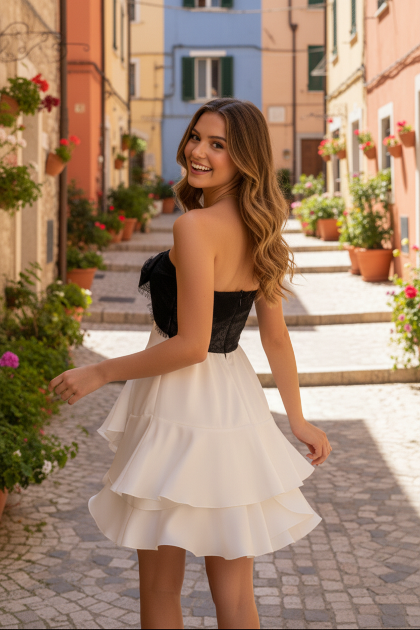Tiered Ruffle Mini Dress with Contrast Bodice