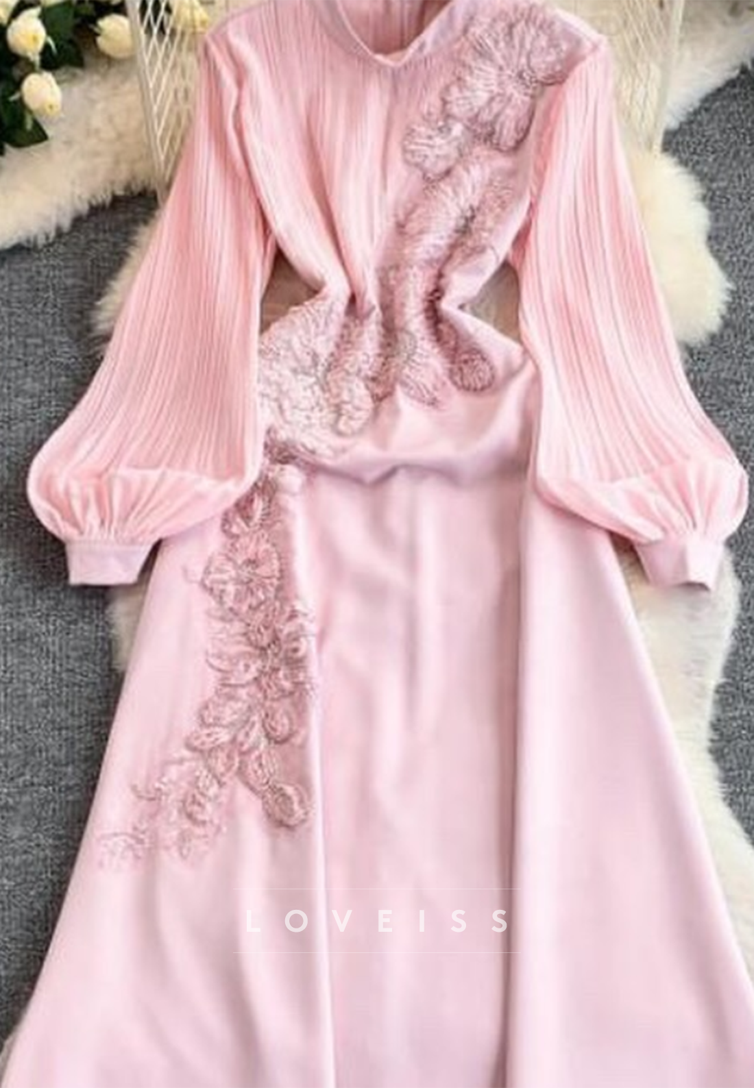Floral Applique High Neck Pleated Sleeve Maxi Dress