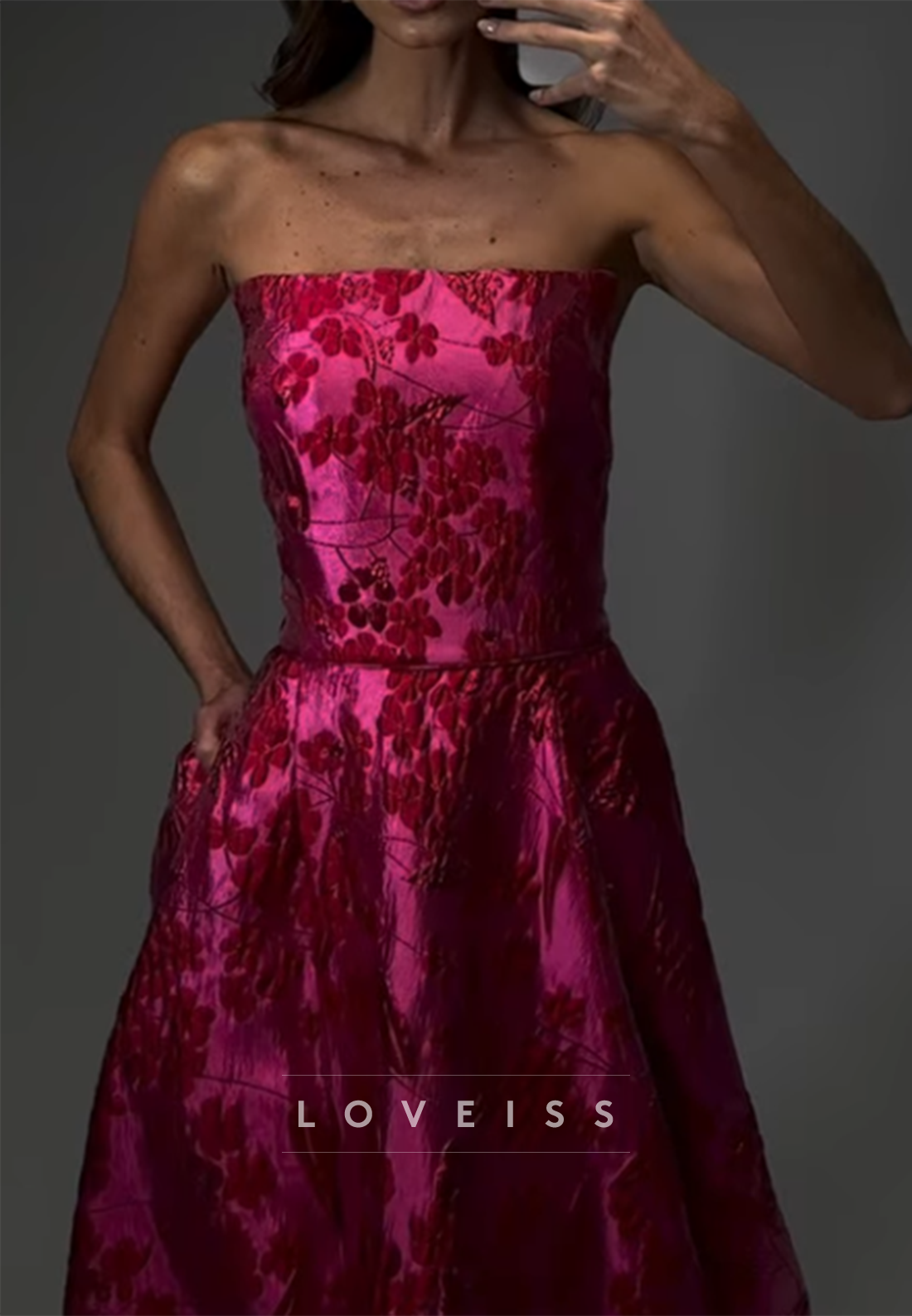 Strapless Jacquard A-Line Gown with Slit and Pockets