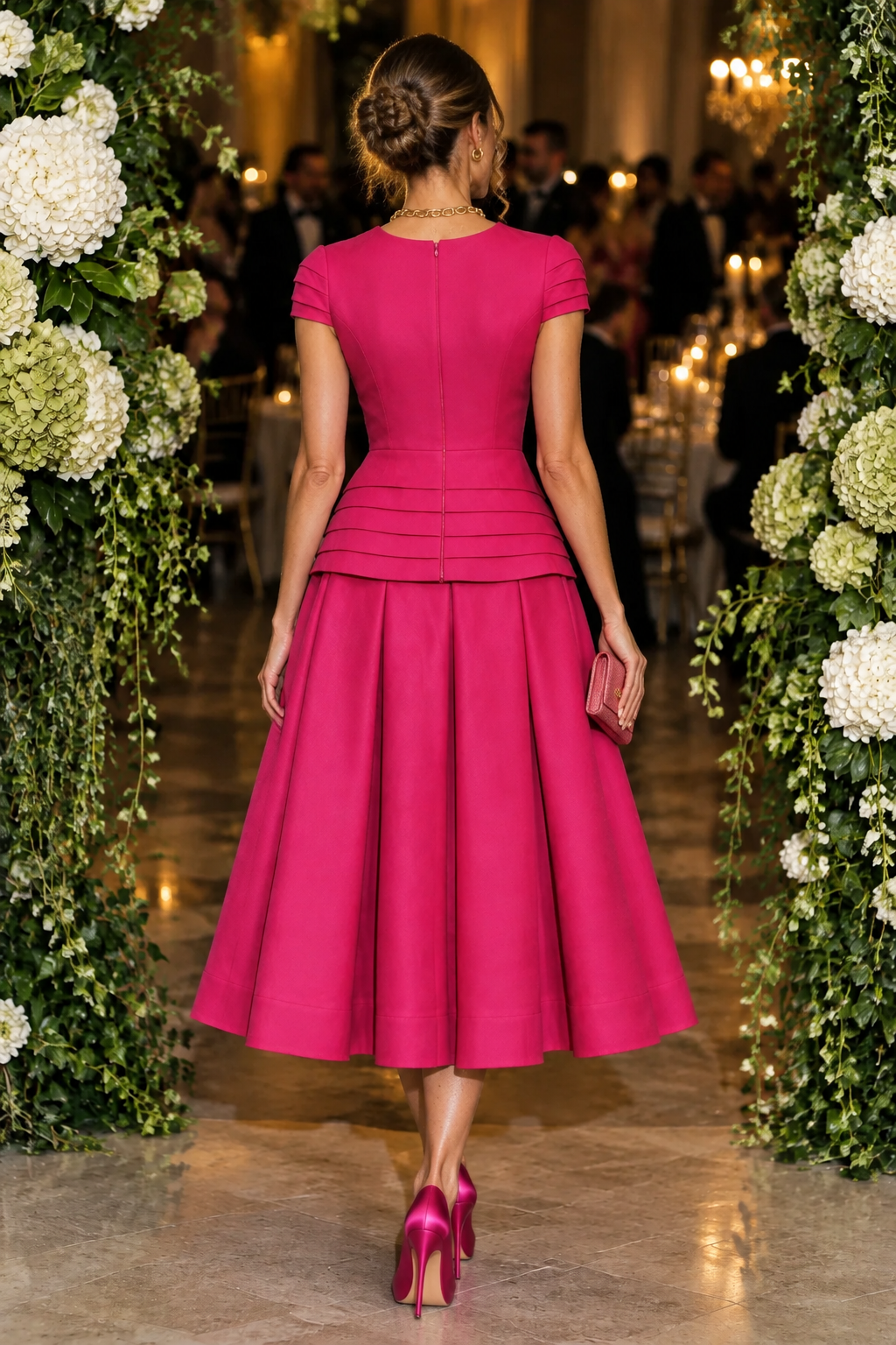 Tiered Waist Cap Sleeve Pleated Midi Dress