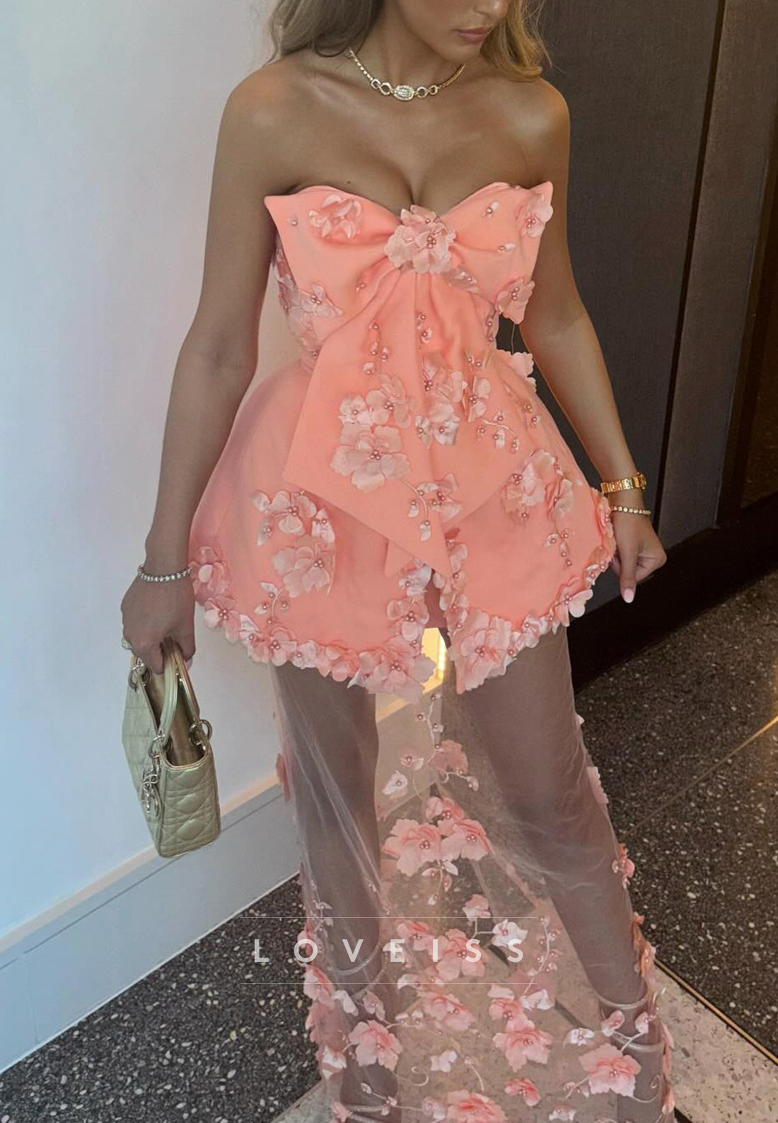 Strapless 3D Floral Maxi Dress with Bow