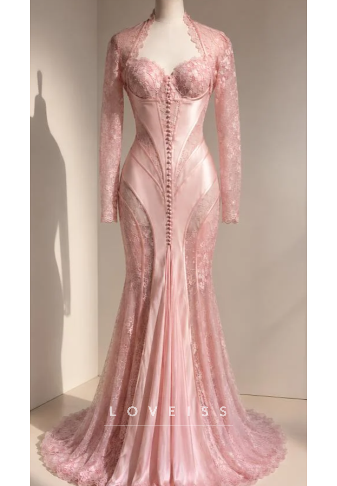 Lace Mermaid Gown with High-Neck Collar & Long Sleeves