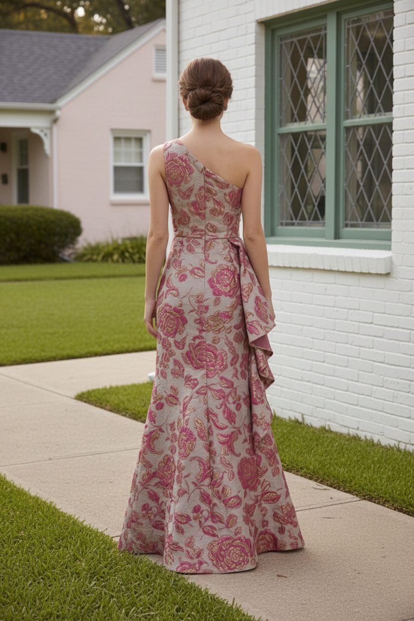 One-Shoulder Metallic Jacquard Evening Gown