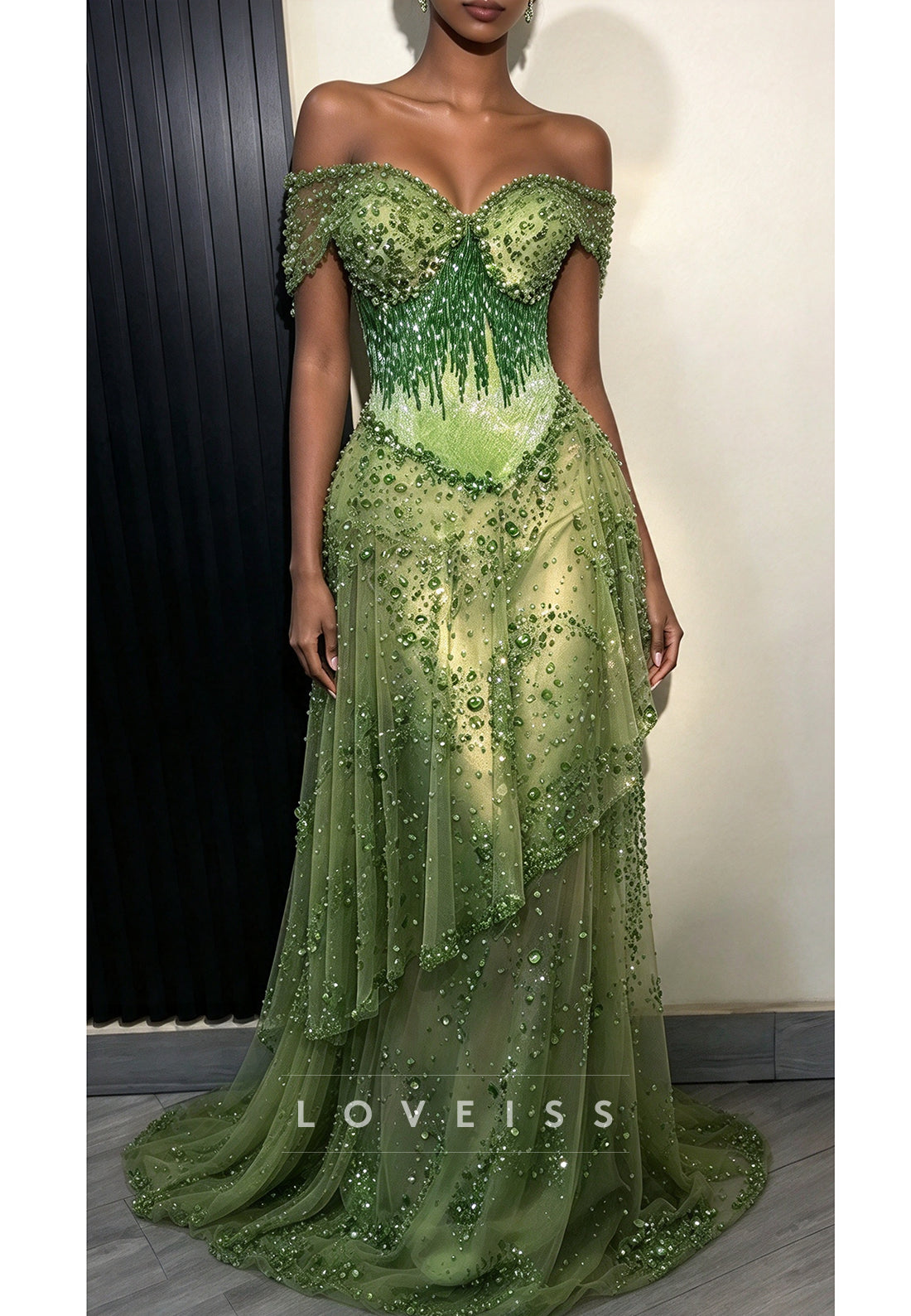 Beaded Off-the-Shoulder Asymmetrical Gown