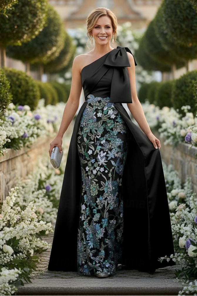 One-Shoulder Floral Sequin Gown with Overskirt