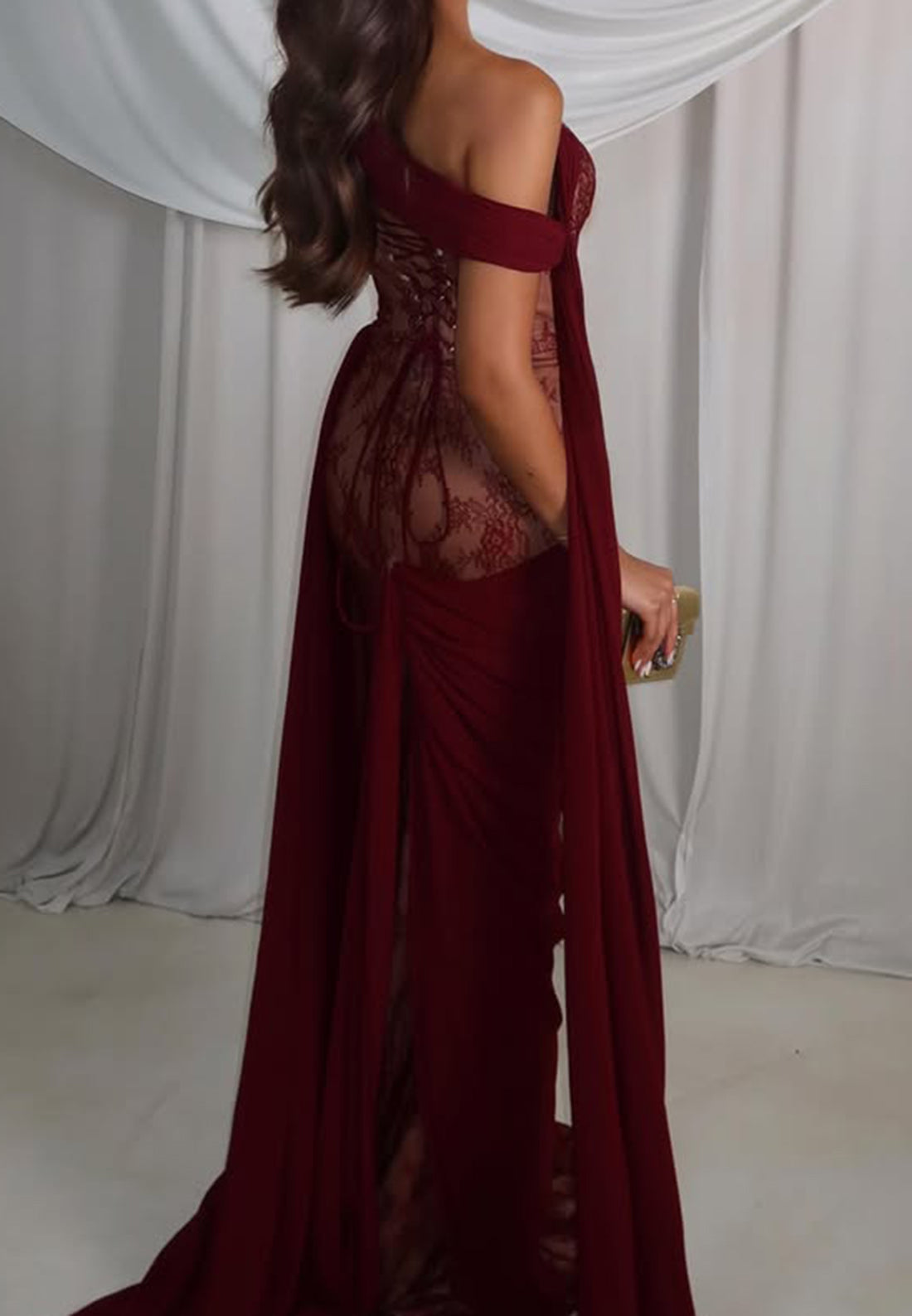 Lace Corset Evening Gown with Draped Scarf