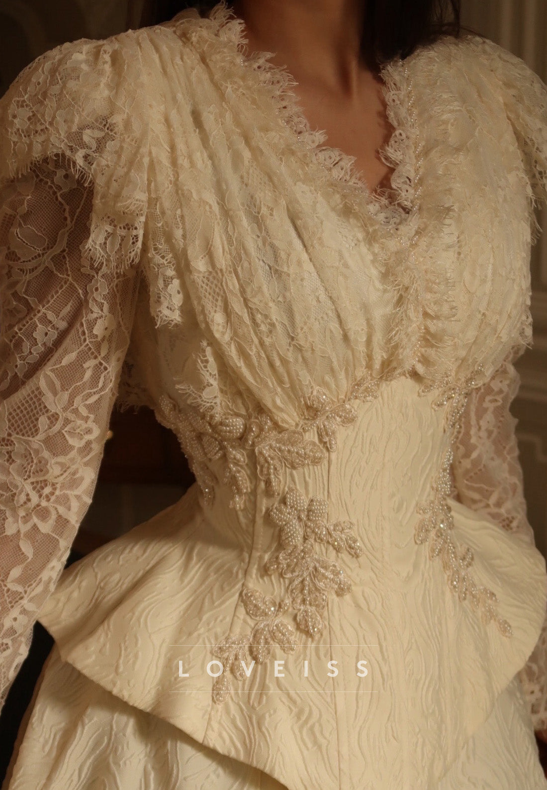 Jacquard Gown with Lace Bodice and Peplum