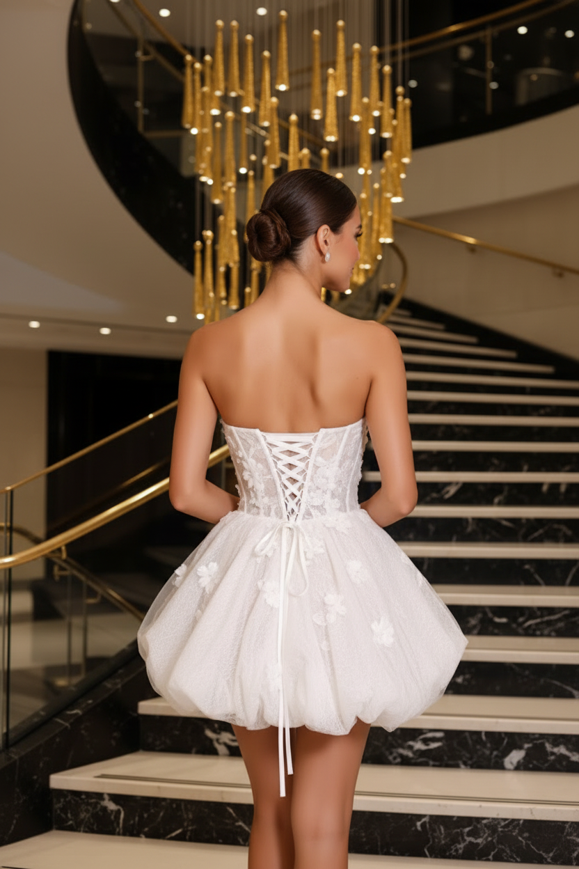 Strapless Lace Corset Bubble Mini Dress