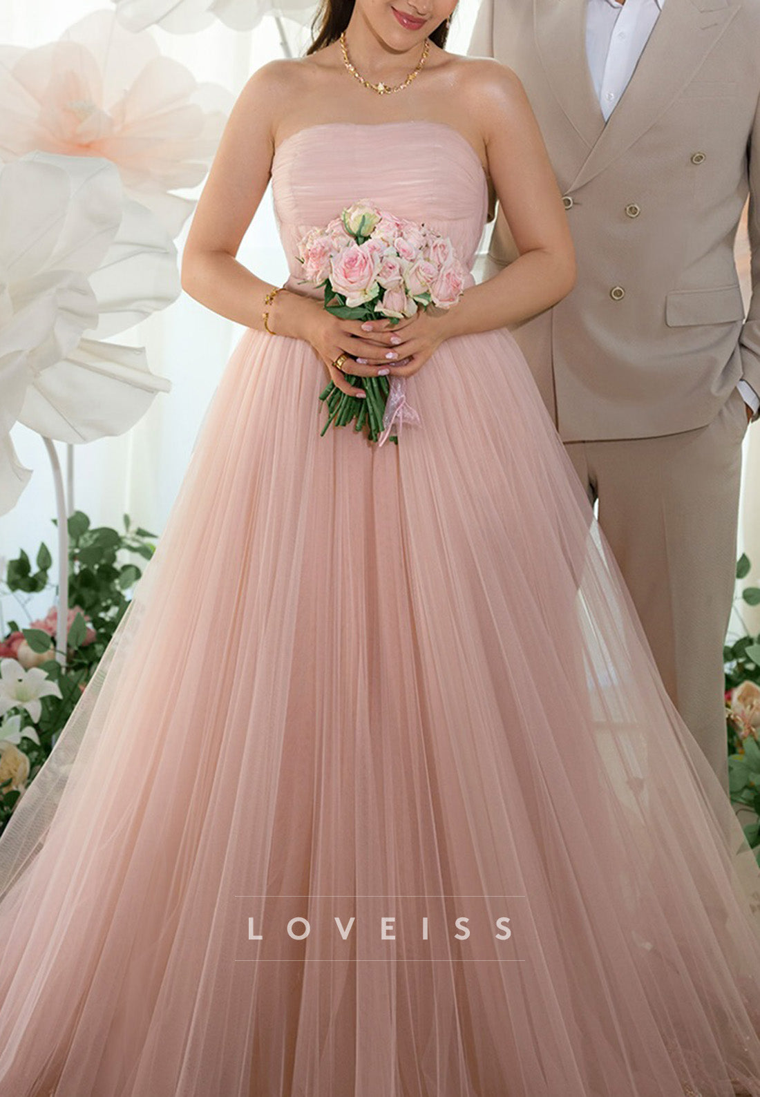 Strapless Pleated Tulle Gown with Train