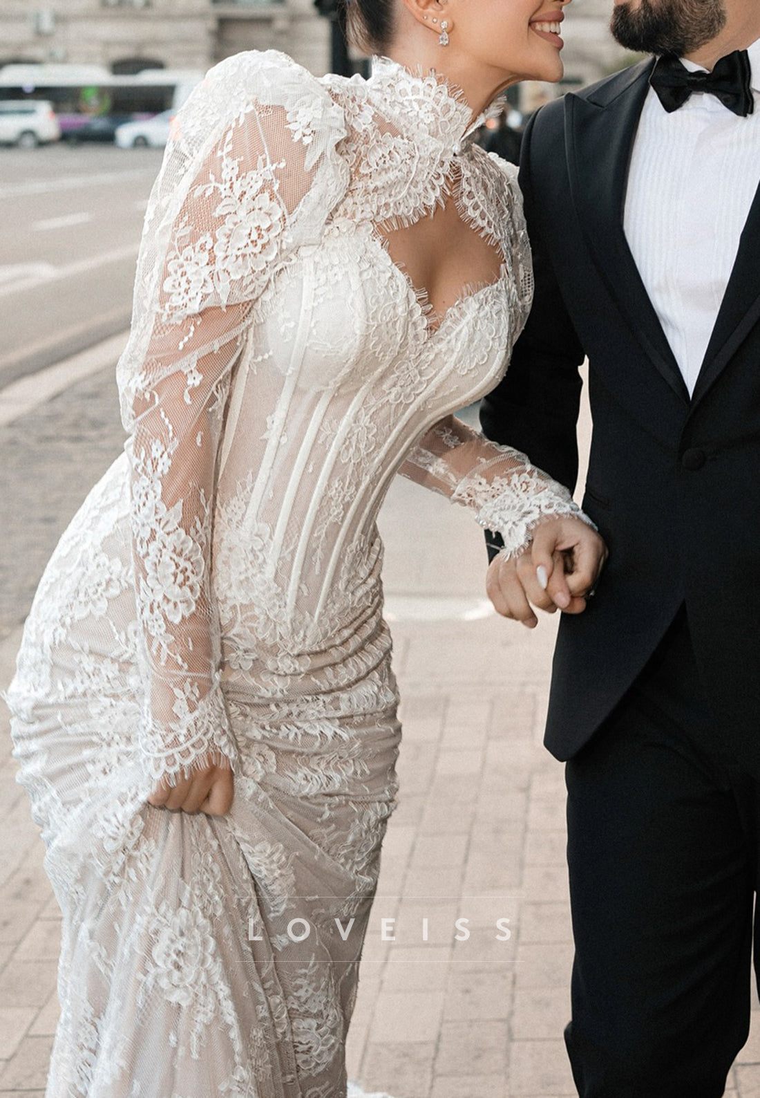 High-Neck Lace Mermaid Wedding Dress with Corset Bodice