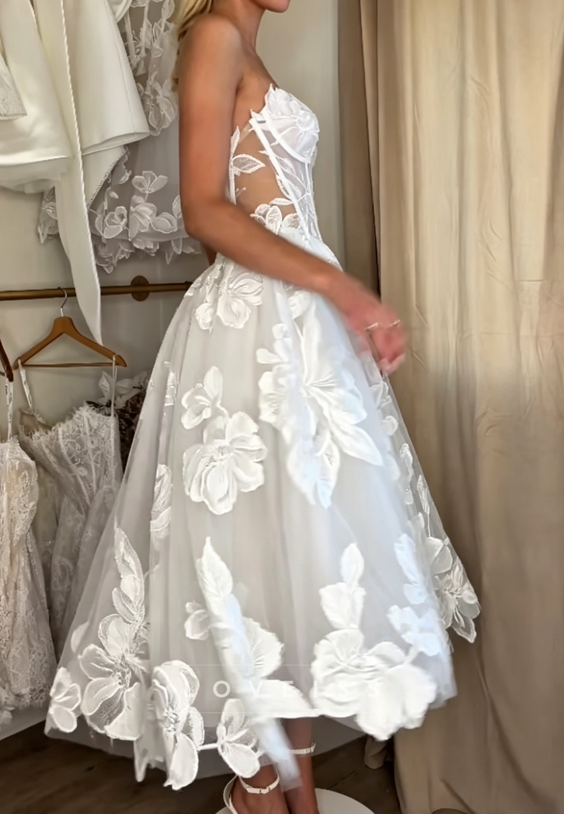 Strapless Corset Floral Applique Tea-Length Gown