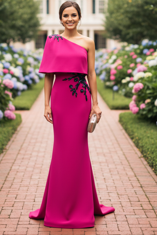 One-Shoulder Cape Mermaid Gown with Beading