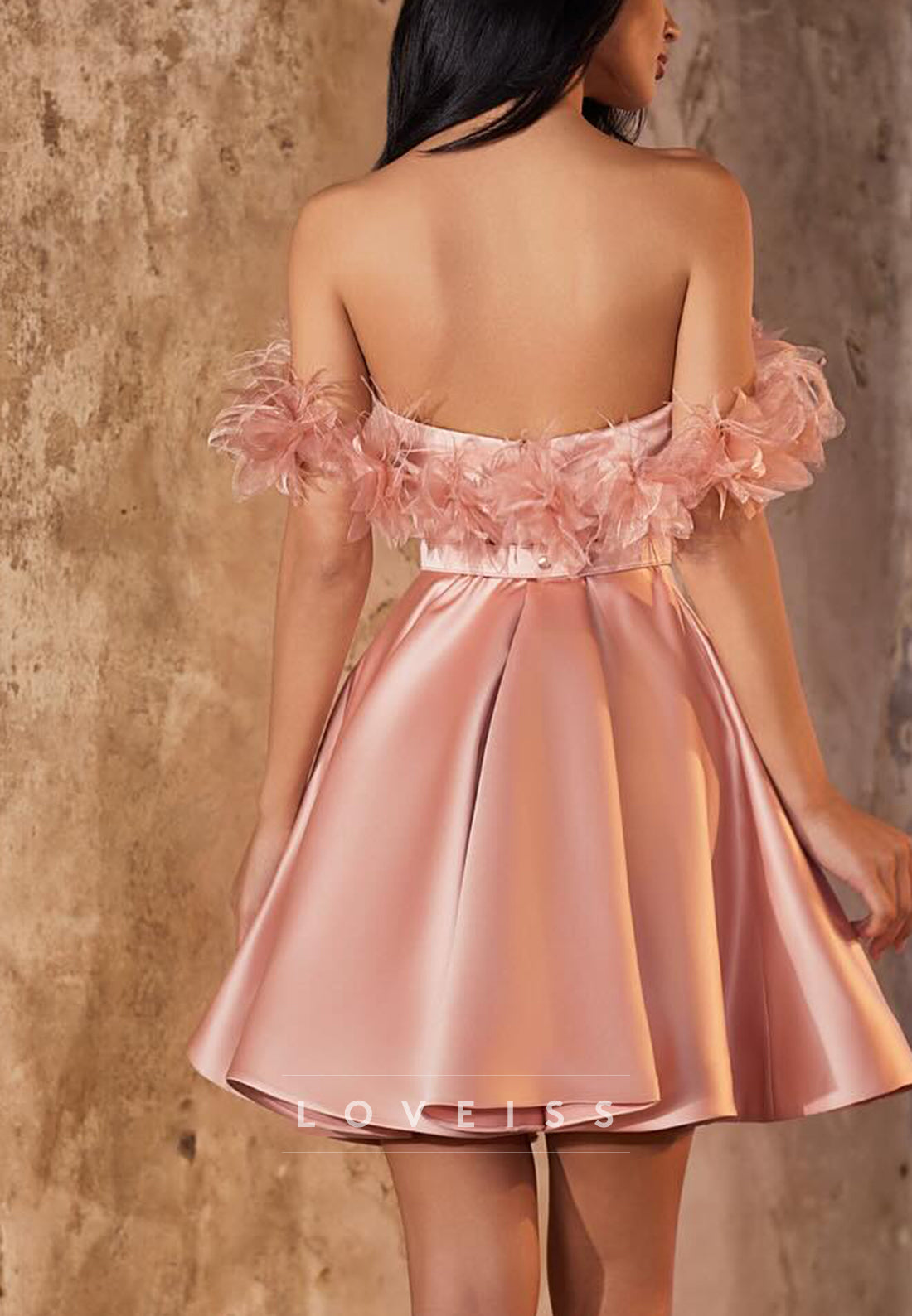 Feather Off Shoulder Satin Fit and Flare Mini Dress