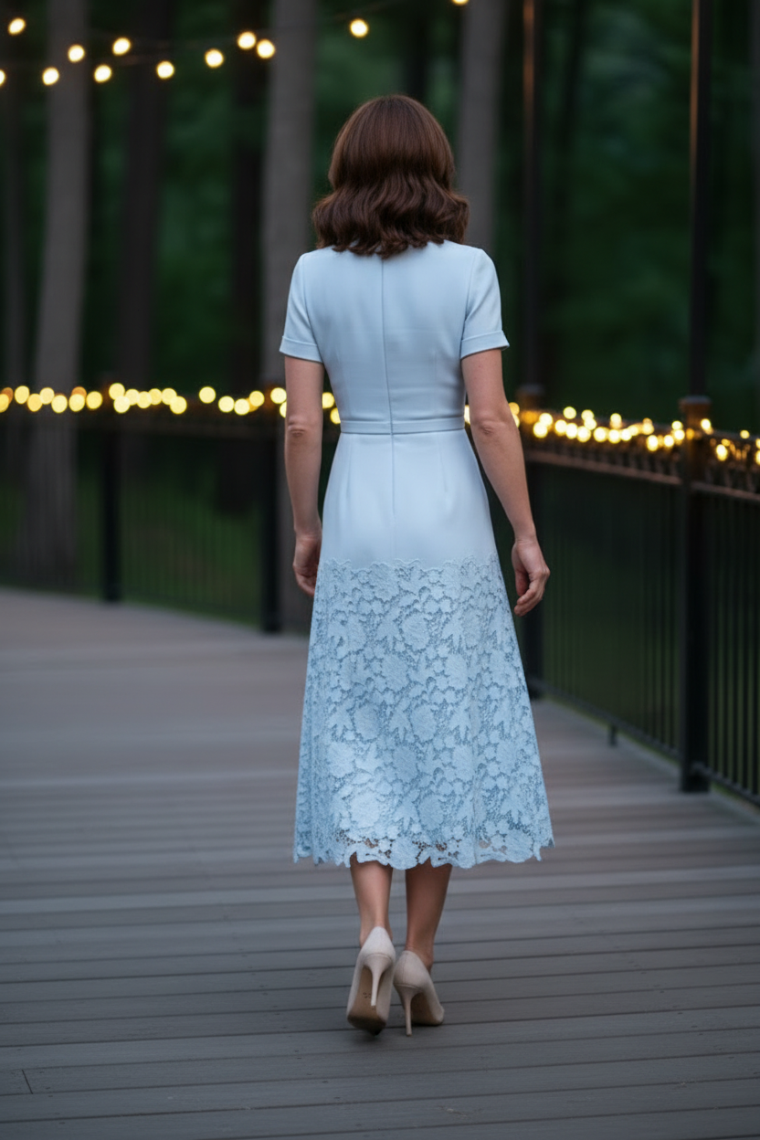 High-Neck Midi Dress with Lace Skirt and Belt