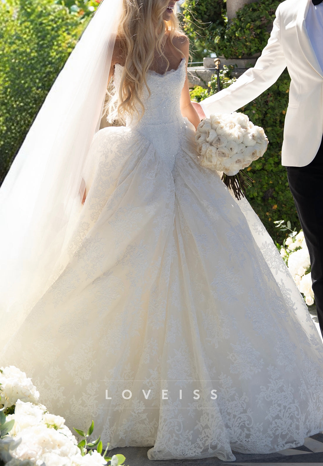 Strapless Basque Waist Lace Ball Gown Wedding Dress