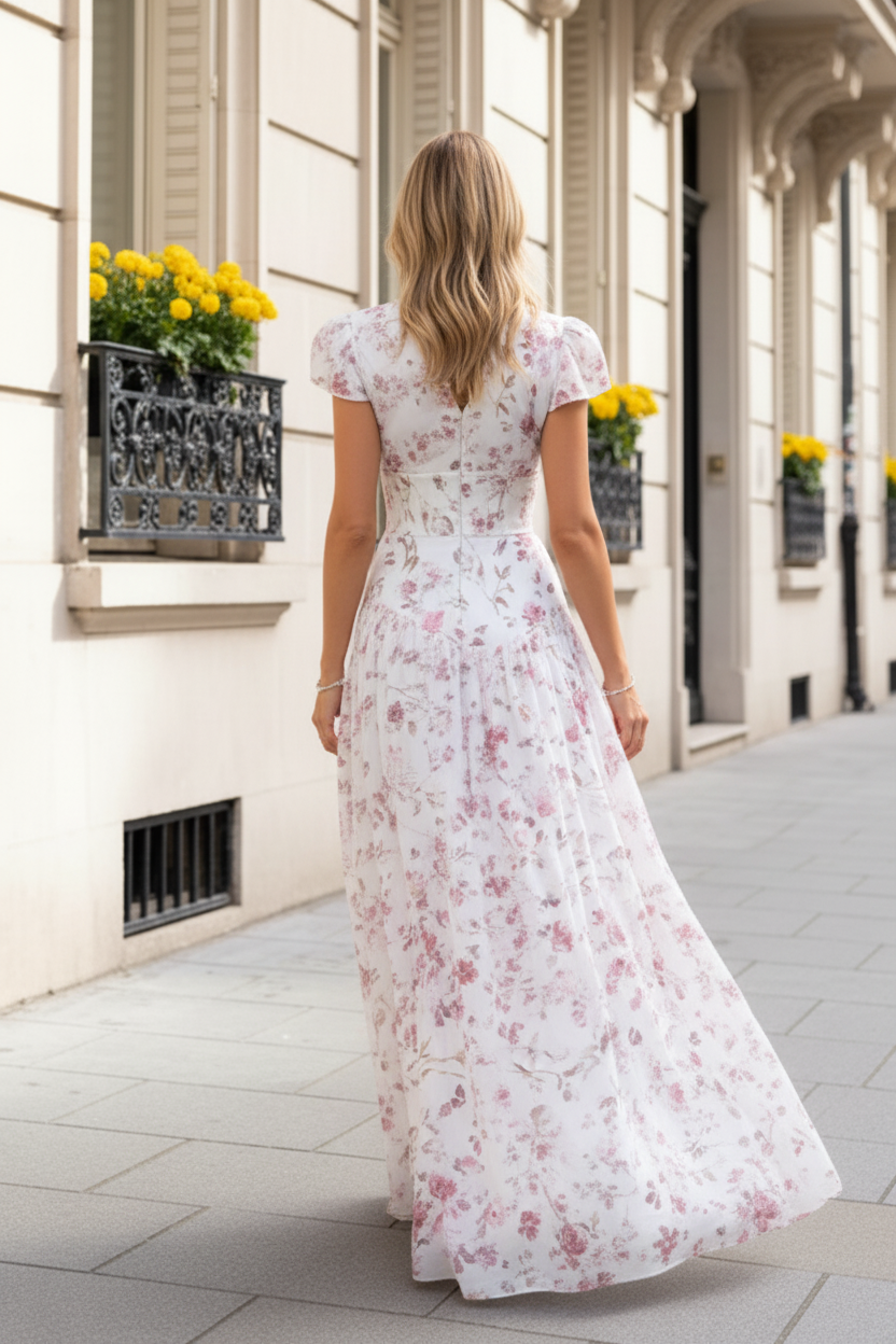 Floral High Neck A-Line Maxi Dress with Corset