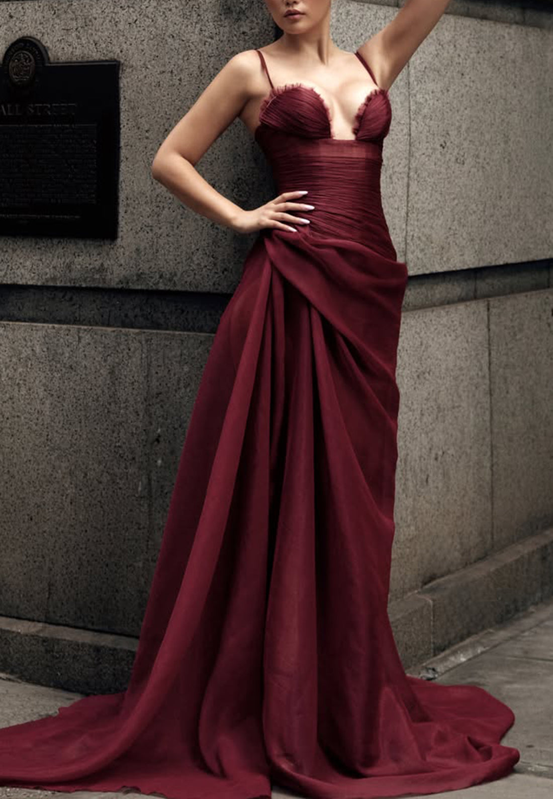 Ruched Bodice Evening Gown with Draped Skirt