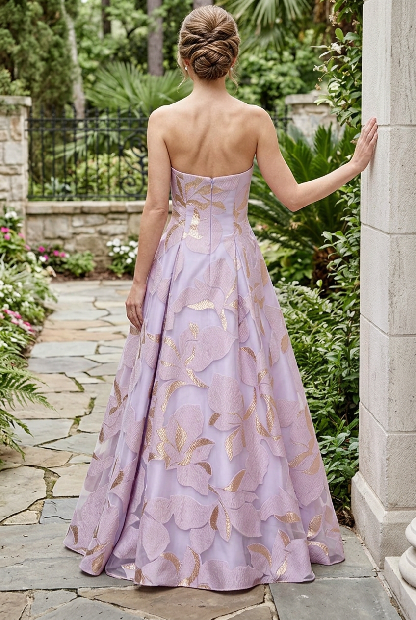 Strapless Metallic Floral Brocade Ball Gown
