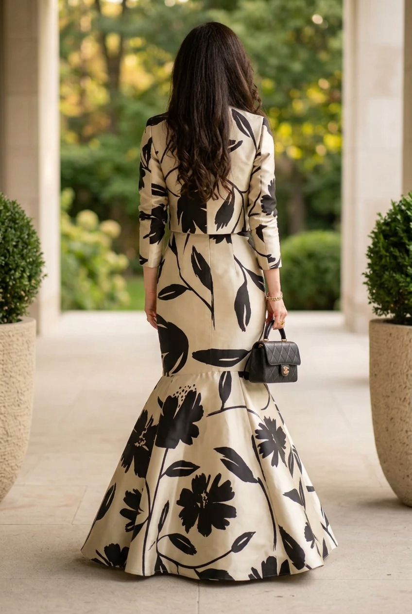 Floral Print Long Sleeve Trumpet Dress