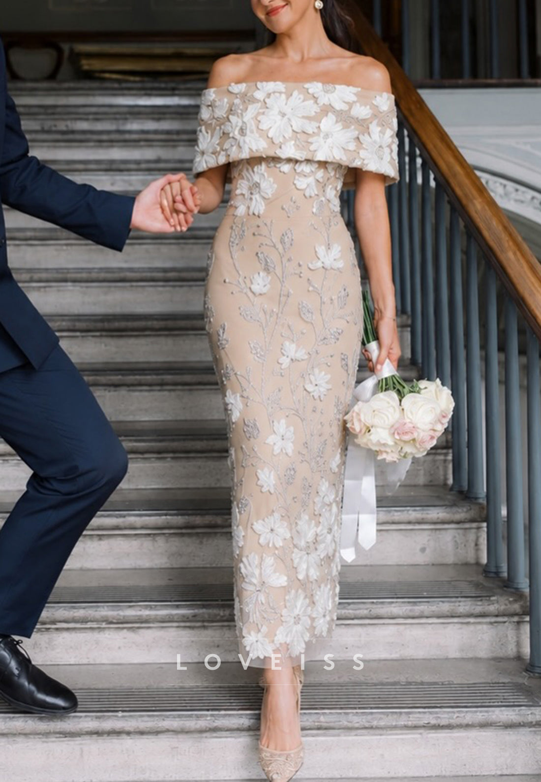 Off-the-Shoulder 3D Floral Applique Column Gown