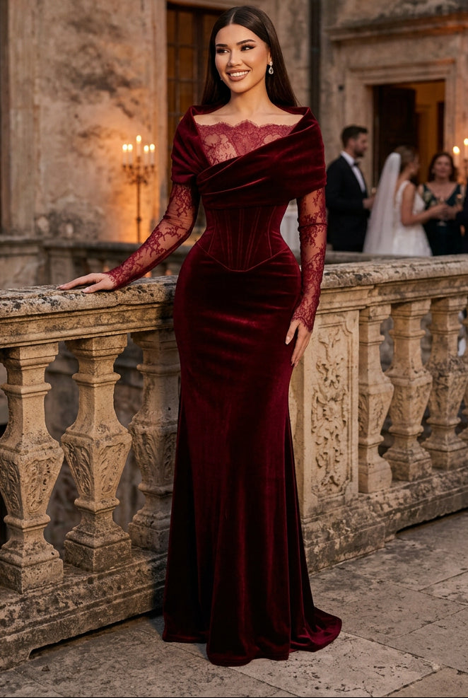 Velvet Corset Gown with Draped Shawl & Lace