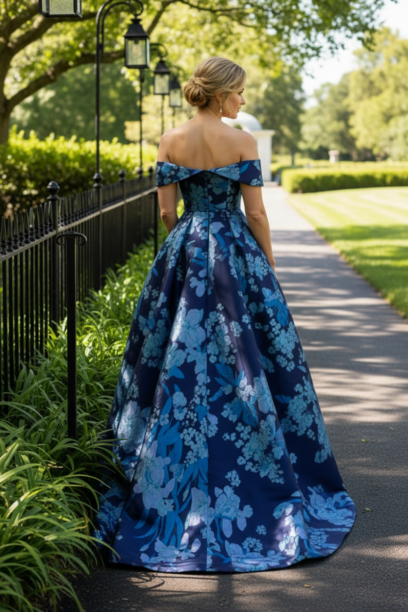 Off-the-Shoulder Floral Jacquard Gown with Train